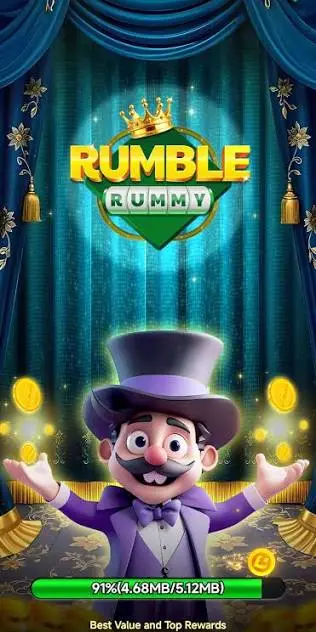 Promotional banner for the Rumble Rummy card game featuring bold typography, playing cards, and glowing casino chips on a vibrant game table background